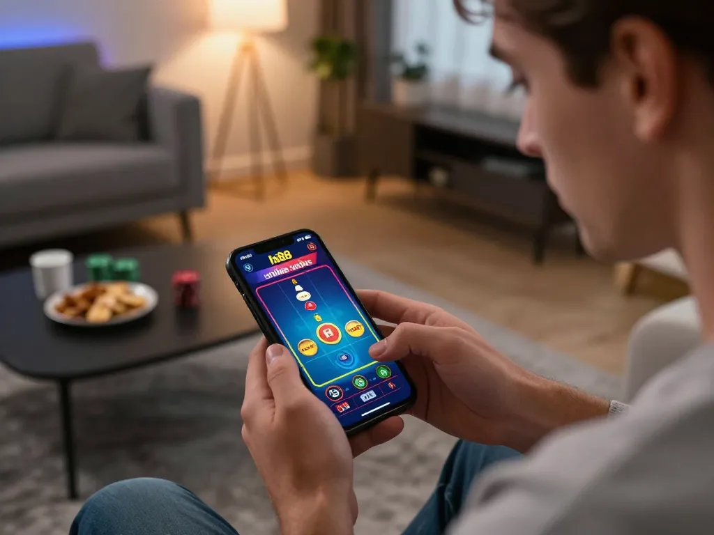 Player enjoying hi 88 mobile casino game interface with intense focus in a cozy home setting