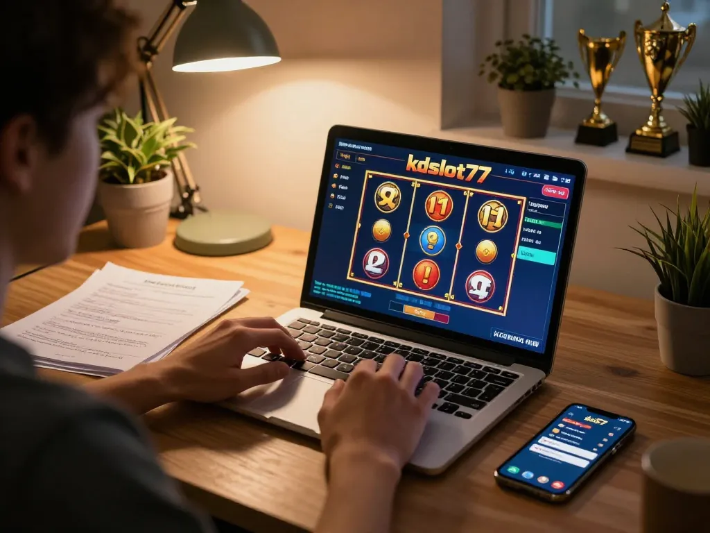 Engaging online gameplay session on kdslot77 with notes and apps in a cozy home office.
