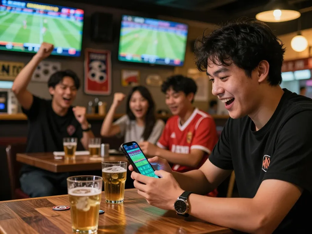 Engaged sports bettor using soi kèo nhà cái app at a lively bar with friends.