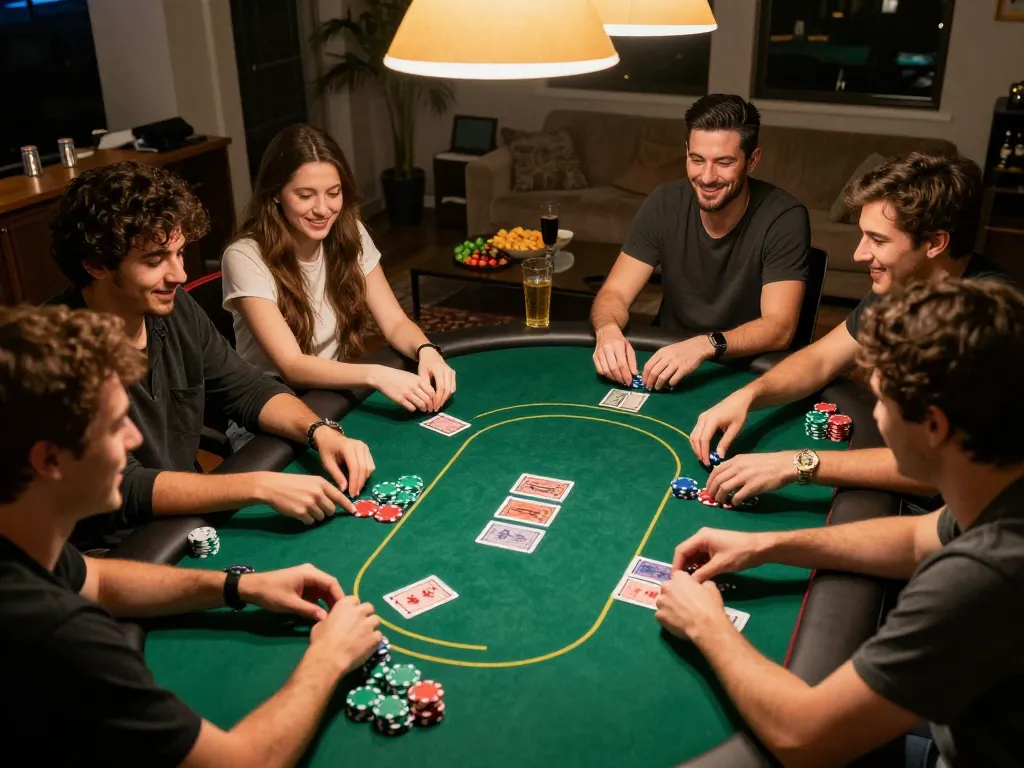 Aman788 mempromosikan malam poker di rumah yang menyenangkan dengan pemain menikmati Texas Hold'em dan kebersamaan yang ceria.