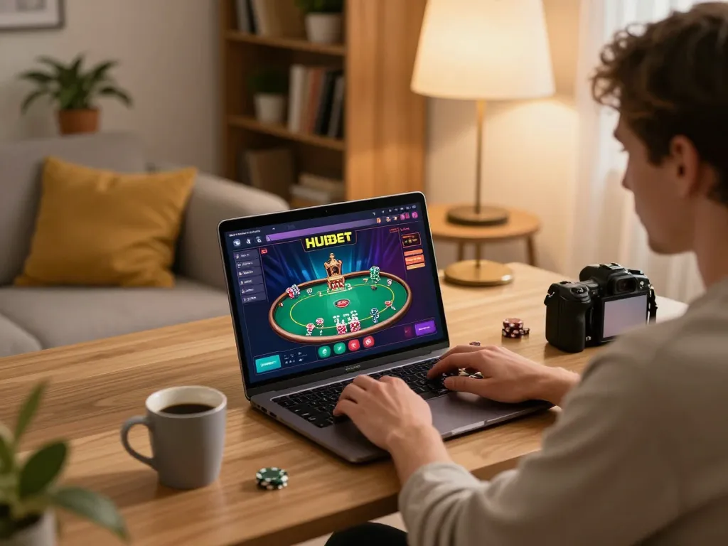 Hubet online casino gaming experience with a player focused on a laptop in a cozy home setting