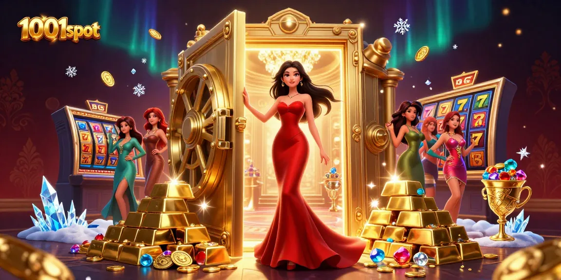 Experience thrilling wins at 1001slot with a beautiful casino-themed illustration featuring dynamic gaming elements.