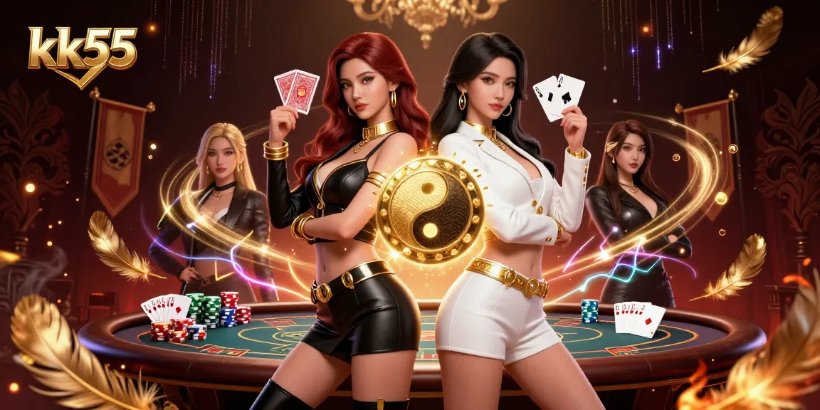 Engage in thrilling poker action with kk55 as twin Asian women showcase playing cards in a dynamic digital casino setting.