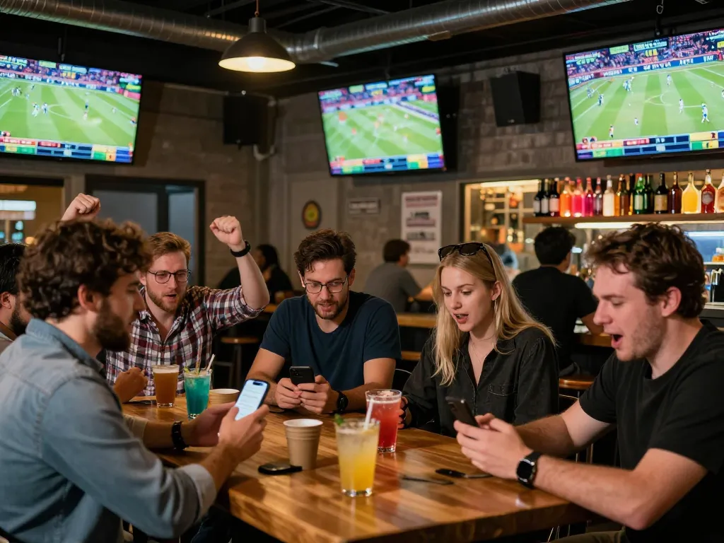 Betting strategy and excitement at a sports betting venue displaying tỷ lệ nhà cái on screens
