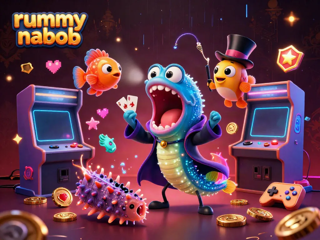 Rummy Nabob menawarkan permainan yang mendebarkan dengan elemen dan karakter menghibur dalam ilustrasi 3D yang megah.