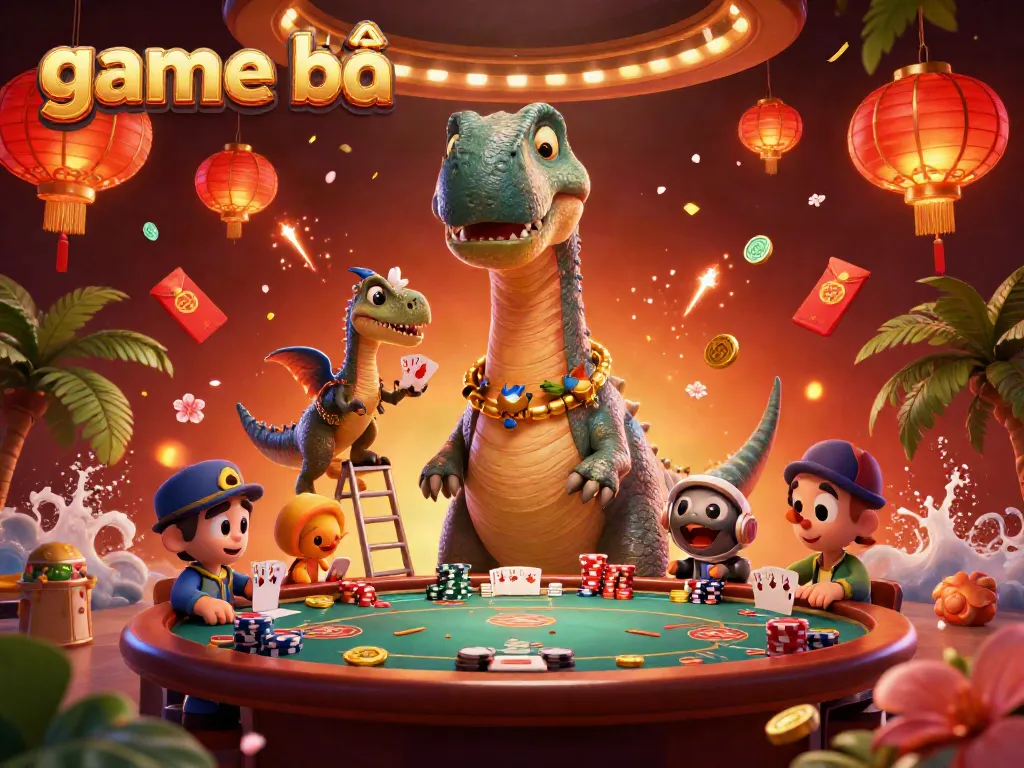 Engaging casino scene with game bài elements, featuring a playful dinosaur and raptor dealer.