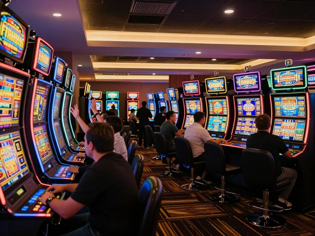 Players celebrating wins at vibrant situs slot machines in a modern casino atmosphere