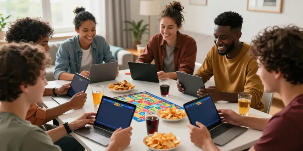 Friends enjoying Bingo 101 app in a cozy living room.
