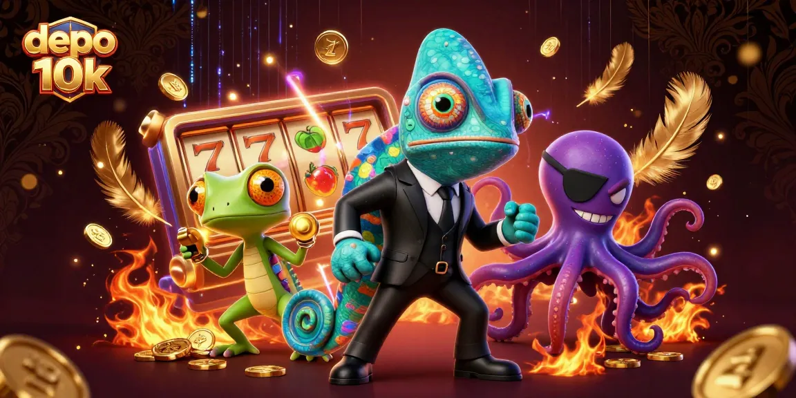 Play exciting slots with depo 10k in this vibrant 3D casino illustration featuring dynamic characters and elements.