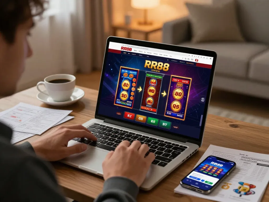 Player engaging with RR88 online casino on laptop, showcasing strategic gaming at home.