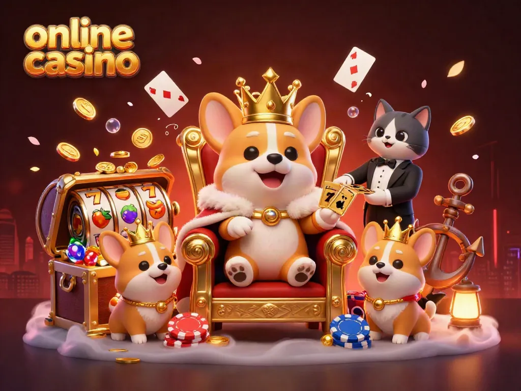 Experience thrilling action in the online casino with a royal corgi seated on poker chips.