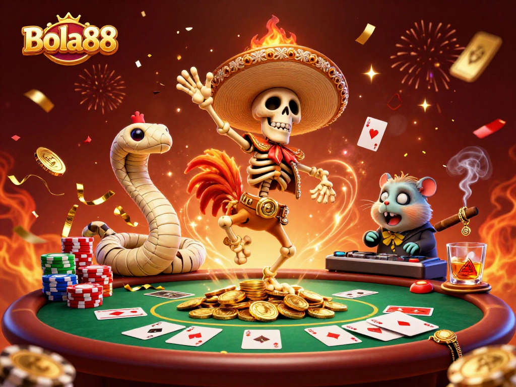 Bola88 memperlihatkan skeleton mariachi dengan ayam, ular mummy, dan hamster DJ dalam suasana pesta perjudian.