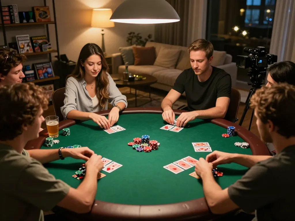 Malam poker Panda Win dengan teman-teman menikmati permainan strategis di meja permainan rumahan yang bergaya.