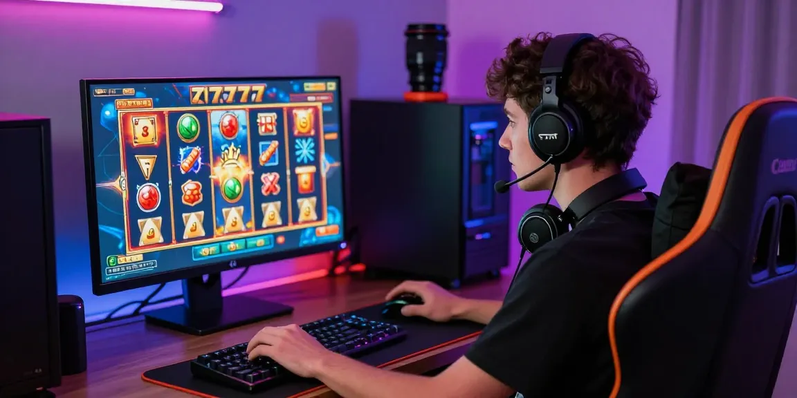 Pengalaman bermain slot777 yang menarik dengan grafik dinamis di layar komputer, suasana gaming yang menyenangkan.