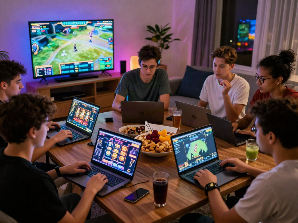 Exciting online gaming experience at www.mpocash.net with friends enjoying diverse games in a lively atmosphere.