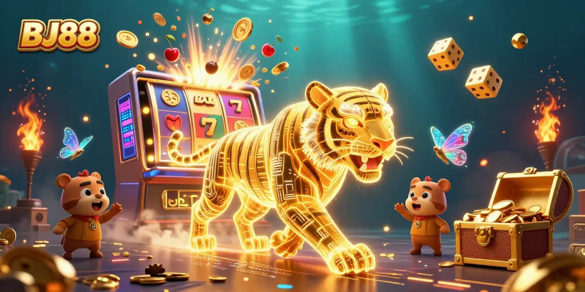 Win big with BJ88 at our vibrant casino, featuring immersive 3D tiger companions and dazzling jackpot scenes.