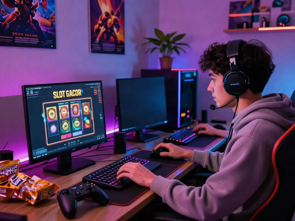 Player immersed in SLOT GACOR online gaming with vibrant graphics and snacks.