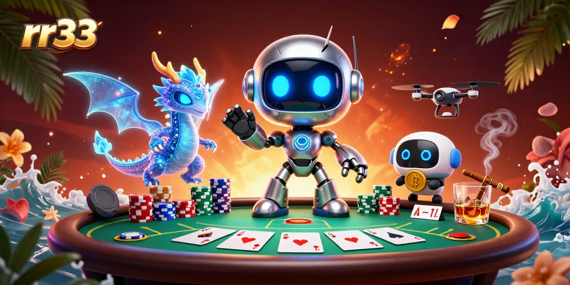 Engaging gaming scene with rr33 featuring a cyberpunk robot and poker elements.