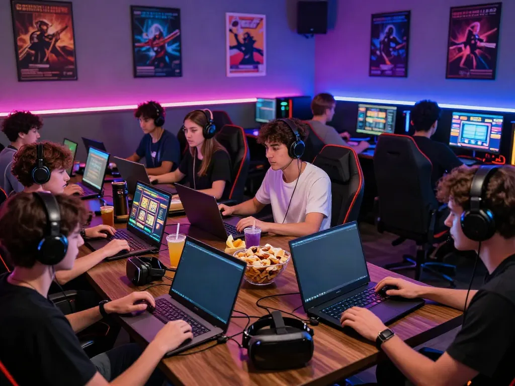 Players enjoying akunjp online slot games in a vibrant gaming lounge.