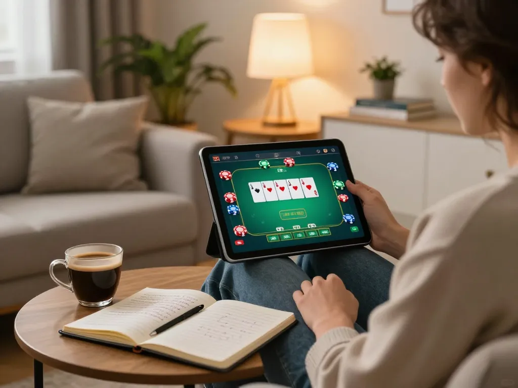 A person engages in online gambling on a tablet, featuring nhà cái uy tín poker game interface, showcasing strategic gameplay.