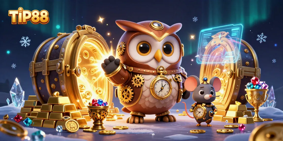 Join the adventure at TIP88 with a 3D time-traveler owl exploring a vibrant casino world.