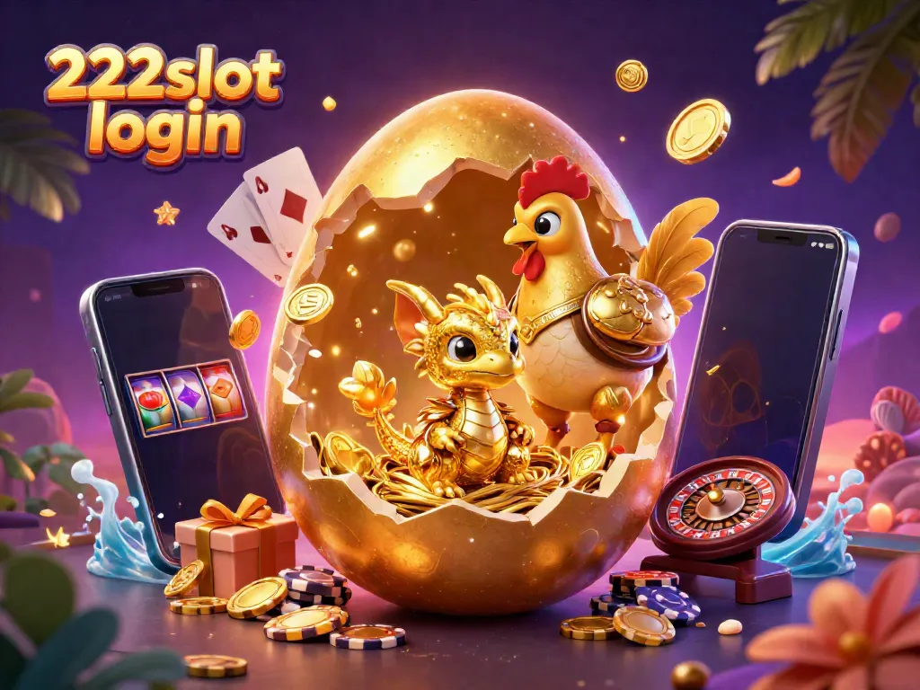 Mengakses 222slot login dengan melihat ilustrasi 3D bertema kasino berisi naga dan chip poker.