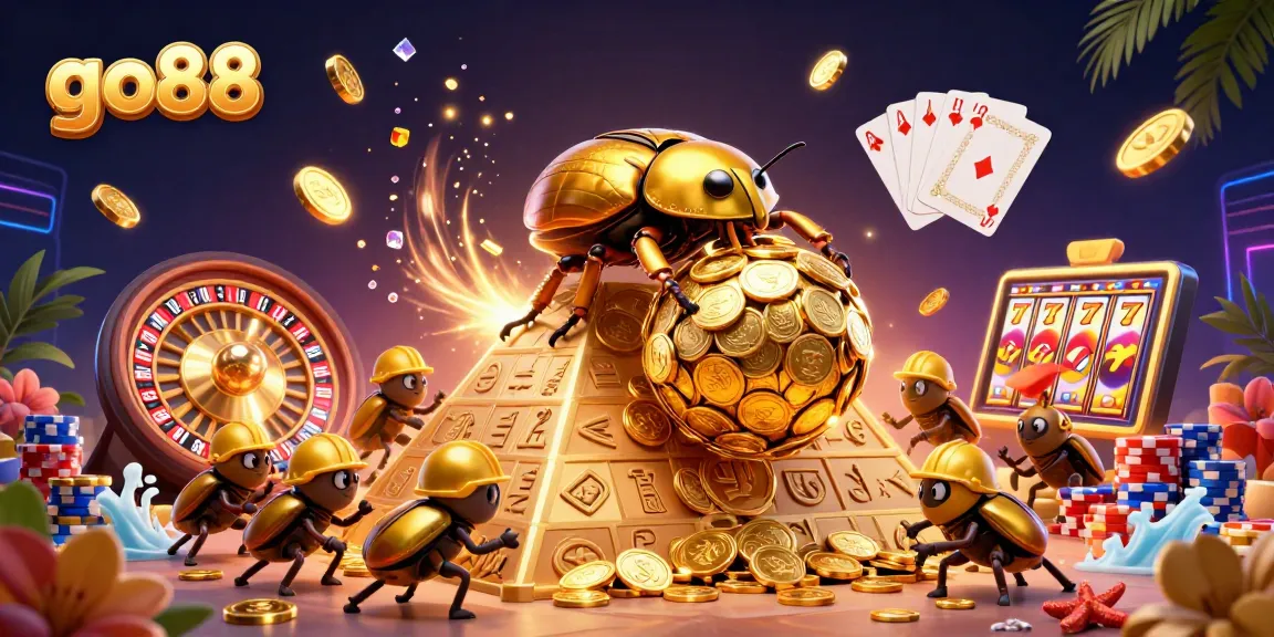 Experience go88's vibrant casino world with a golden dung beetle rolling coins and lavish game elements.