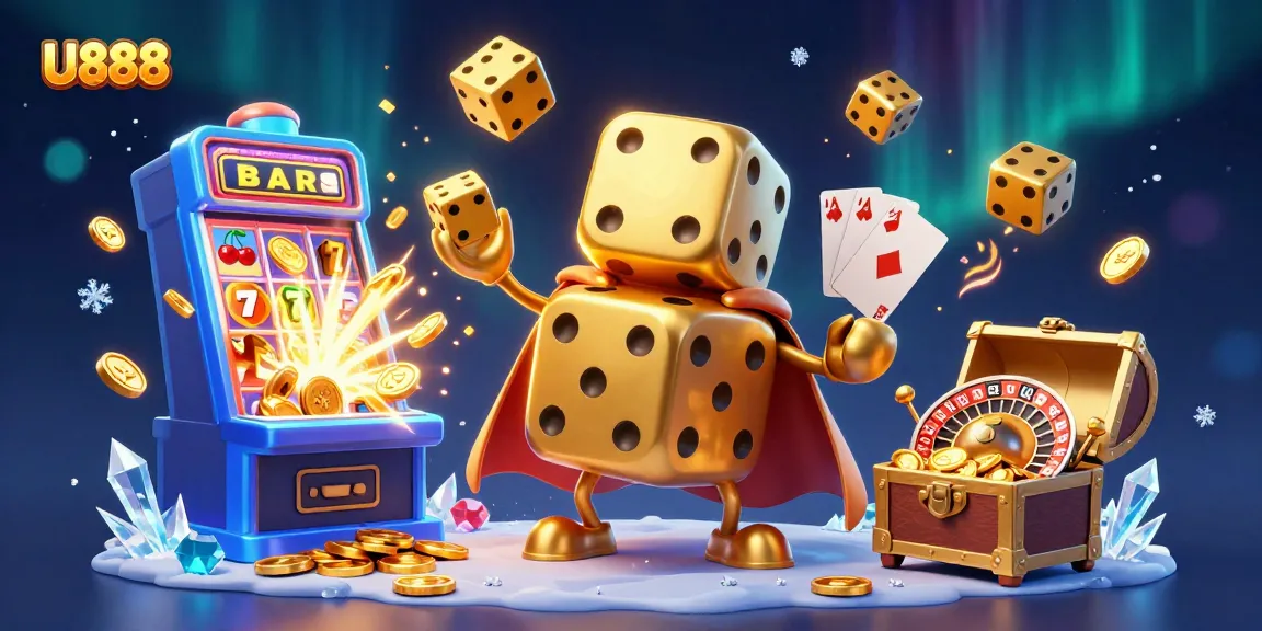 Experience the excitement of U888 with golden dice and a jackpot explosion in this dynamic casino illustration.