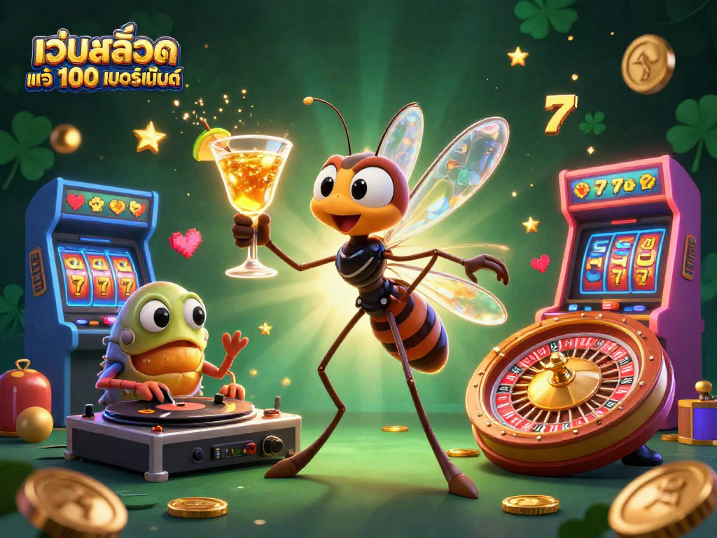 Engage in เว็บสล็อต แท้ 100 เปอร์เซ็นต์ excitement with a dynamic casino scene featuring a mosquito mascot and a trilobite DJ.