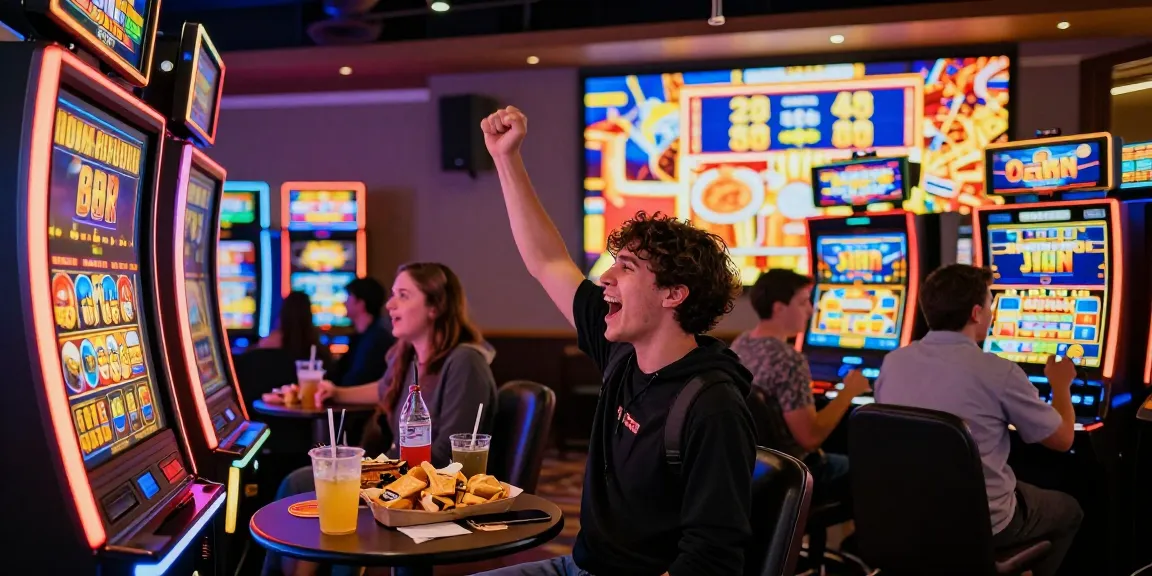 Seorang pemain merayakan kemenangan di situs slot gacor dengan suasana ceria dan pemandangan yang berwarna-warni.