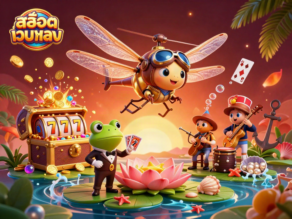 Engage in thrilling gameplay at สล็อตเว็บตรง casinos with vibrant 3D illustration featuring lively characters and rich casino elements.