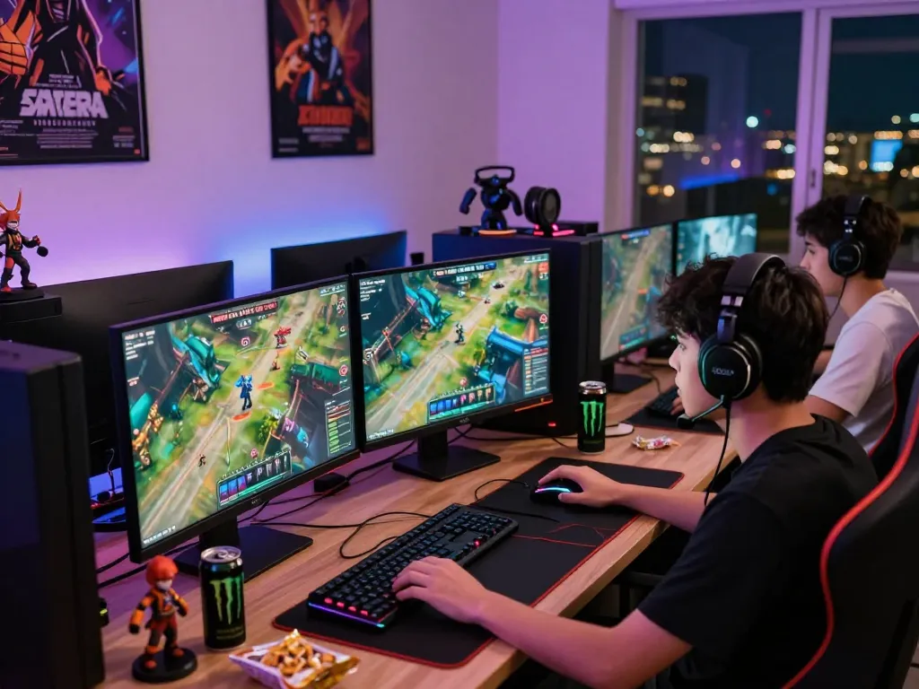 Enthusiastic gamer at desktop with vibrant graphics on screens and gaming collectibles, showcasing passion for online play at https://www.aapkadictionary.com/zeal/