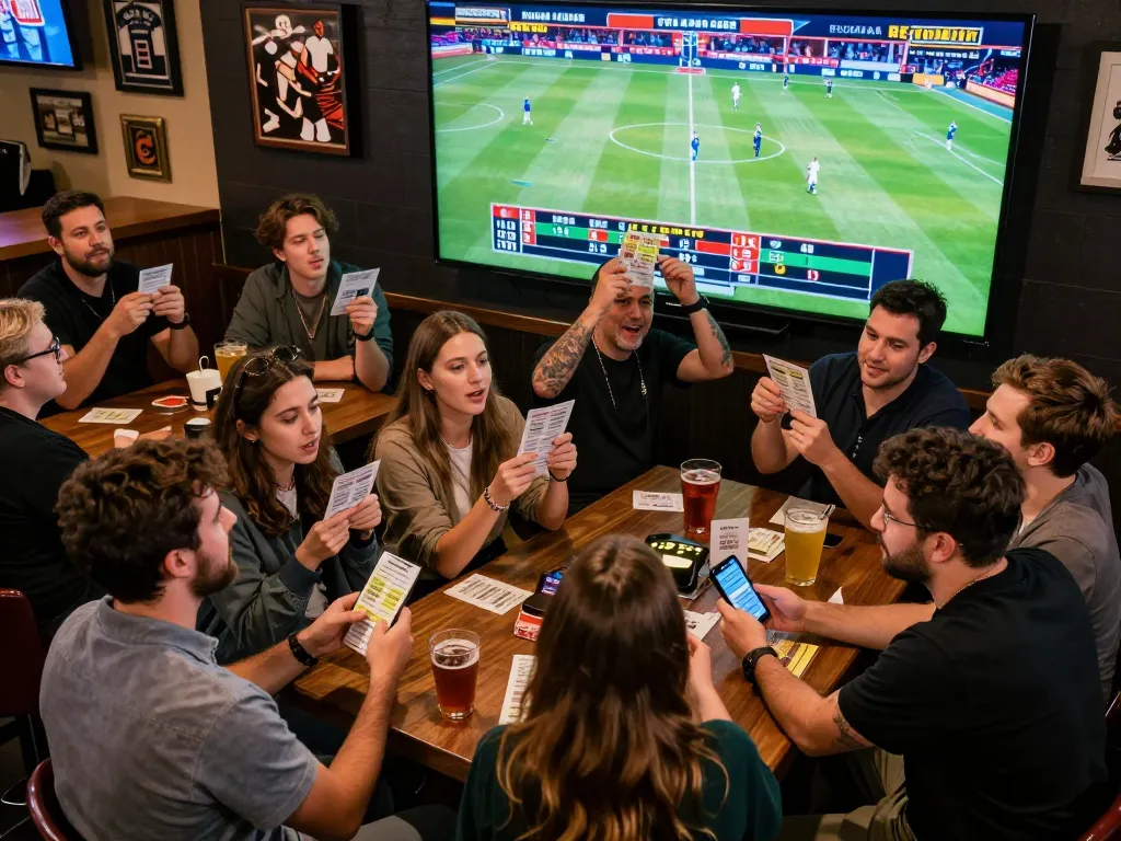 PHTAYA sports betting excitement with friends at a lively sports bar during a game