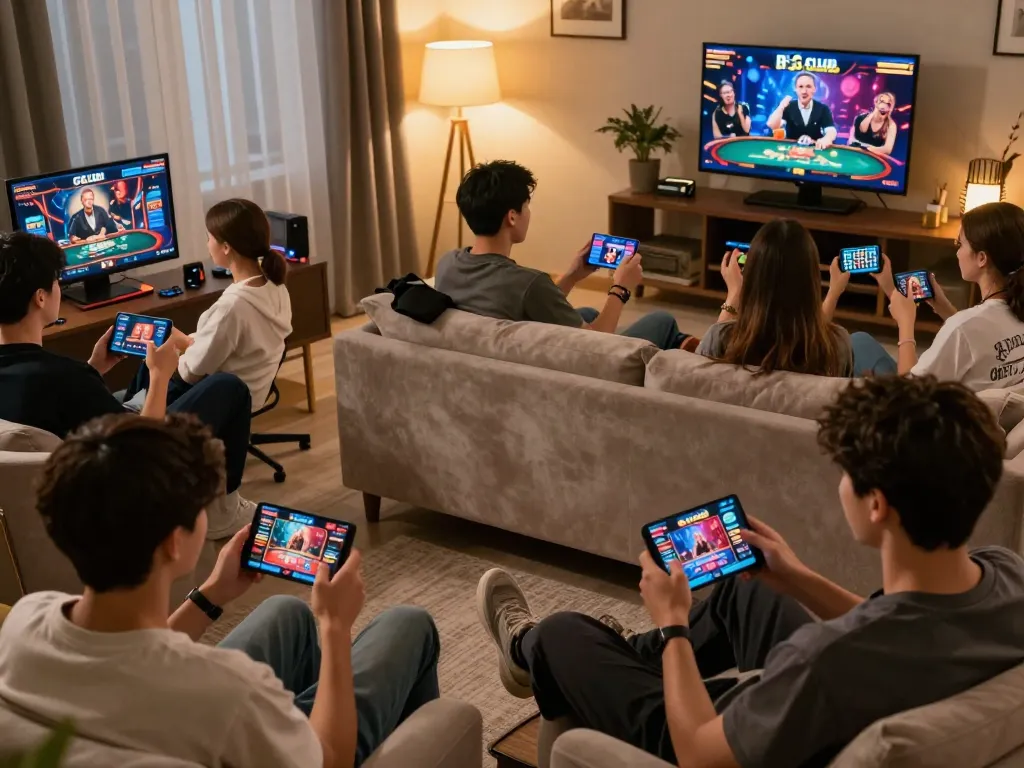 B52 CLUB players enjoying diverse games on their mobile devices in a cozy living room.