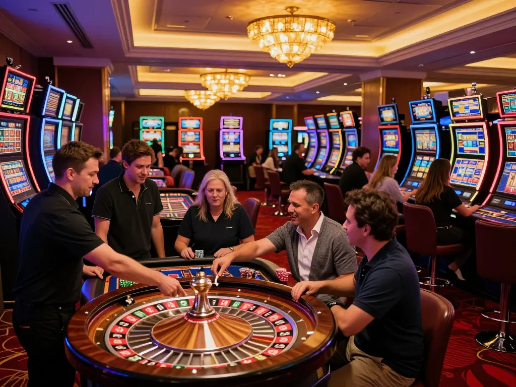 Experience free credit mega888 thrills on a vibrant casino floor with players engaged in roulette
