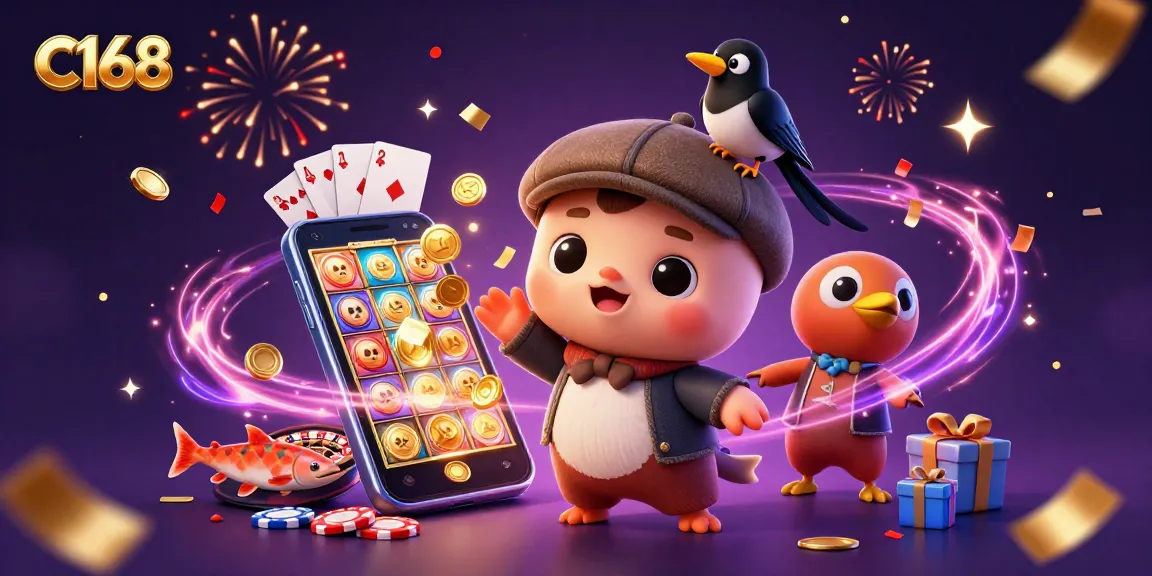 C168 players enjoy spinning slots and winning jackpots in a vibrant casino-themed scene.