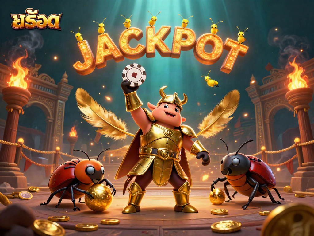 Win big with สล็อต as a superhero beetle celebrates a jackpot victory in a lively casino