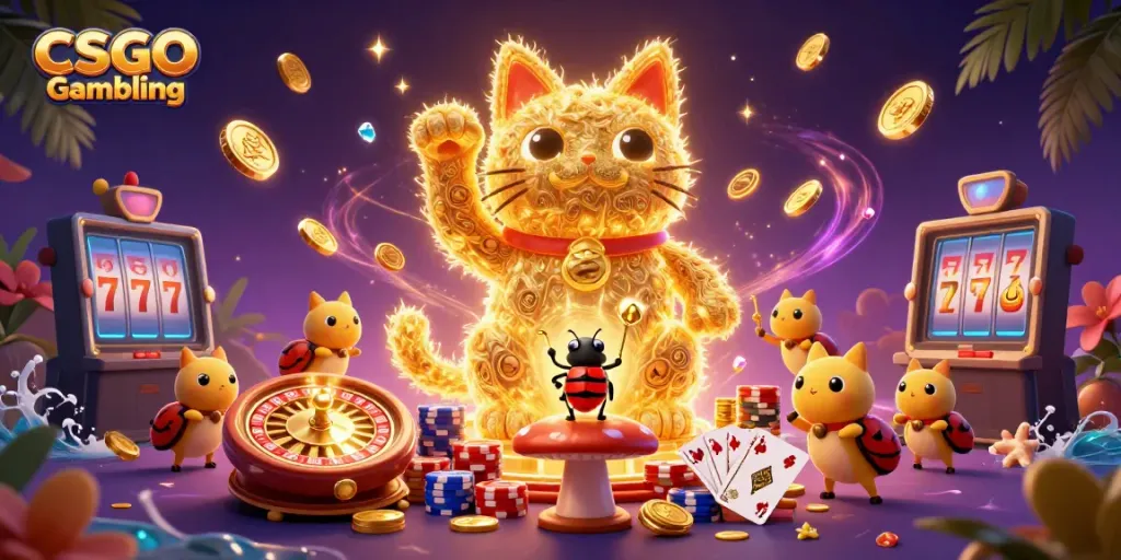 Engage in CSGO Gambling with vibrant gameplay featuring lucky cat and casino symbols, full of thrilling action.
