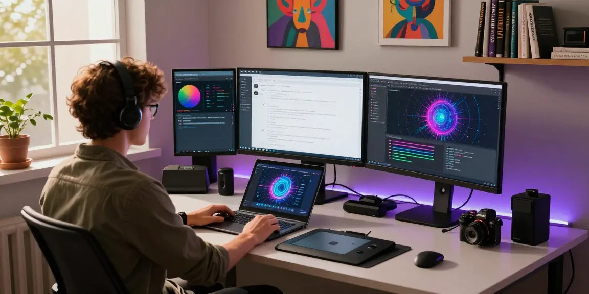 Engaging workspace for NSFW AI content creation, showcasing advanced tech and creative atmosphere.
