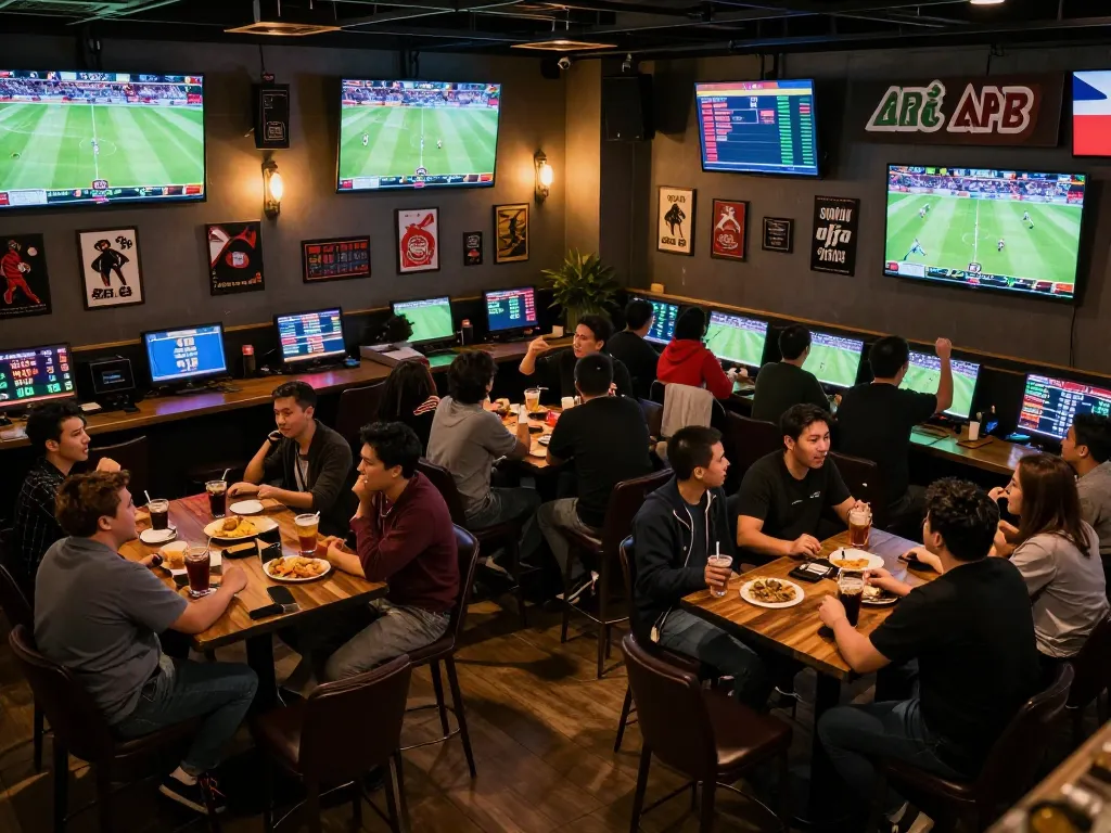 Engaged bettors enjoying lively sports betting at nhà cái 8xbet with interactive screens and drinks
