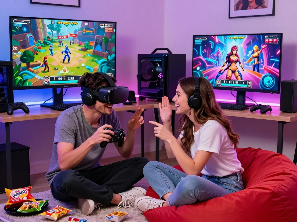 Explore exciting porngames with diverse characters and vibrant gaming environments in a cozy setup.