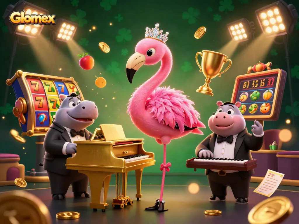 Engage with Glomex at an exciting casino scene featuring vibrant characters and dynamic game elements.