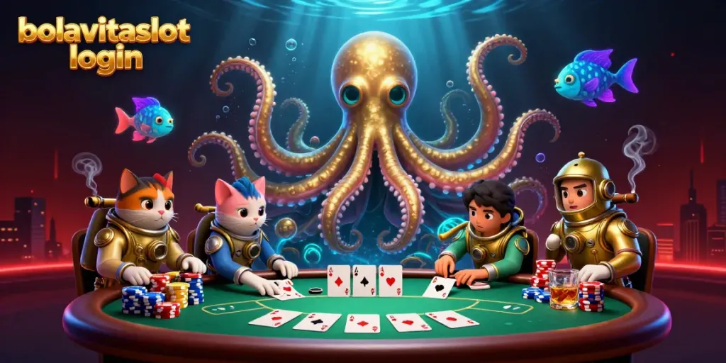 Play exciting games at bolavitaslot login with vibrant visuals of a kraken and poker elements.