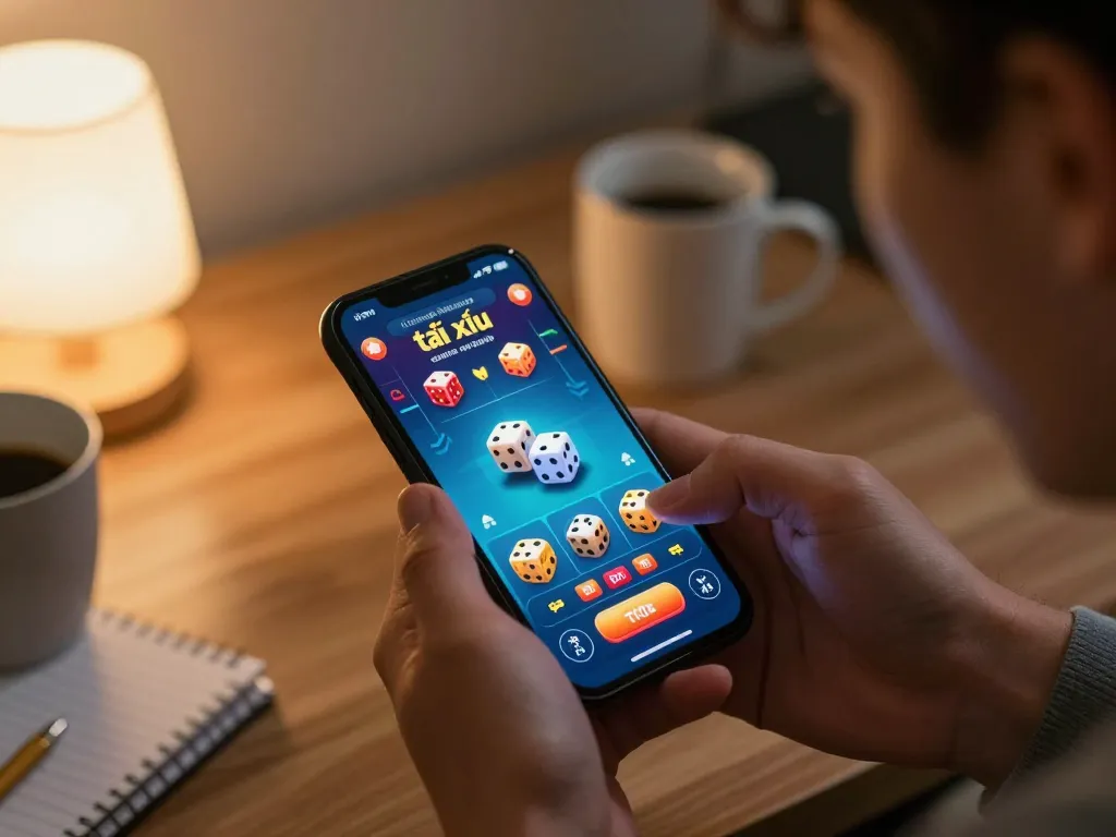 Engaging with app tài xỉu online on smartphone in a cozy home setting, showcasing vibrant game interface.
