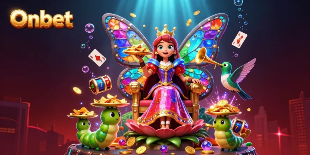 Experience Onbet's vibrant casino world with a butterfly queen, treasure, and gaming elements.