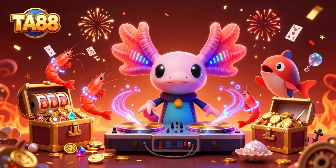 TA88 illuminates the casino scene with an energetic DJ, slot reels, and vibrant underwater treasure.