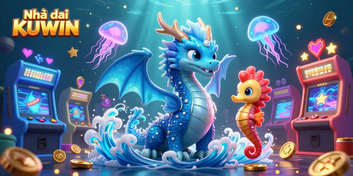 Experience the thrill with Nhà cái KUWIN, featuring a vivid underwater scene of animated characters and gaming elements.