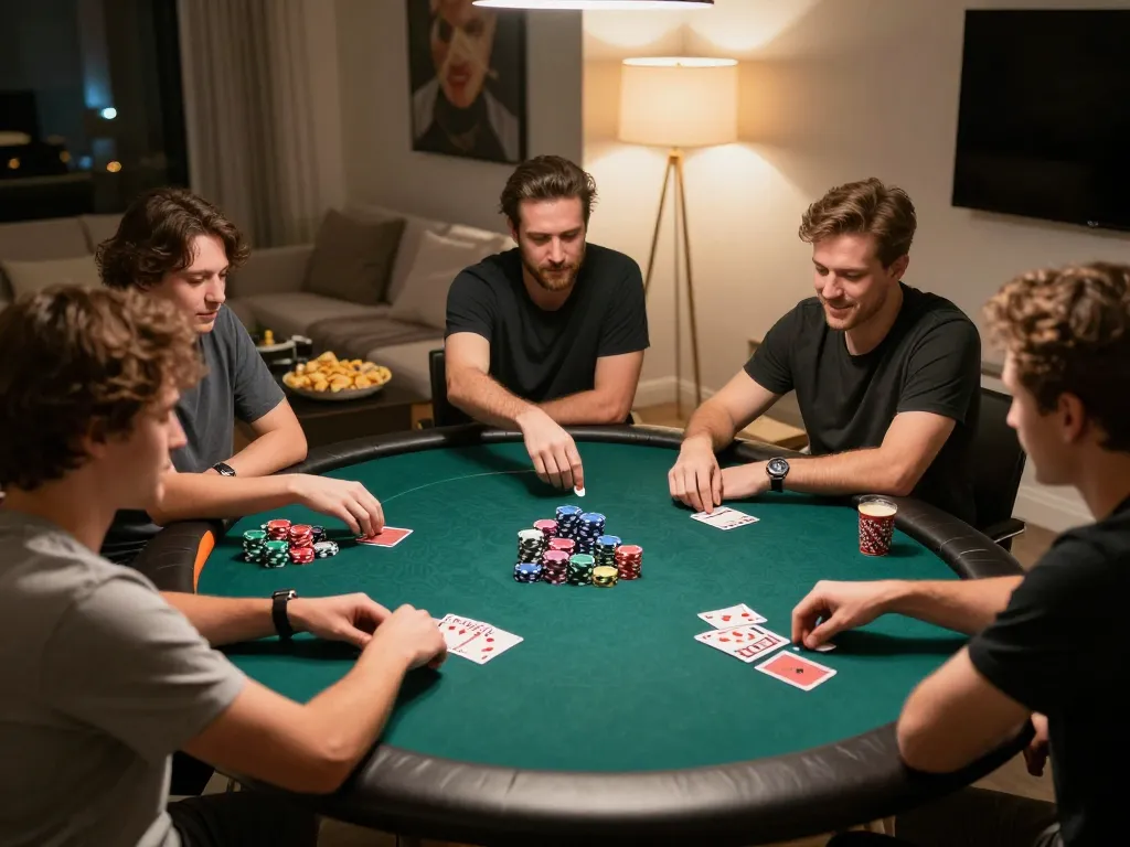 Players enjoying thrilling poker games at home, elevating the V888 gaming experience with strategic gameplay