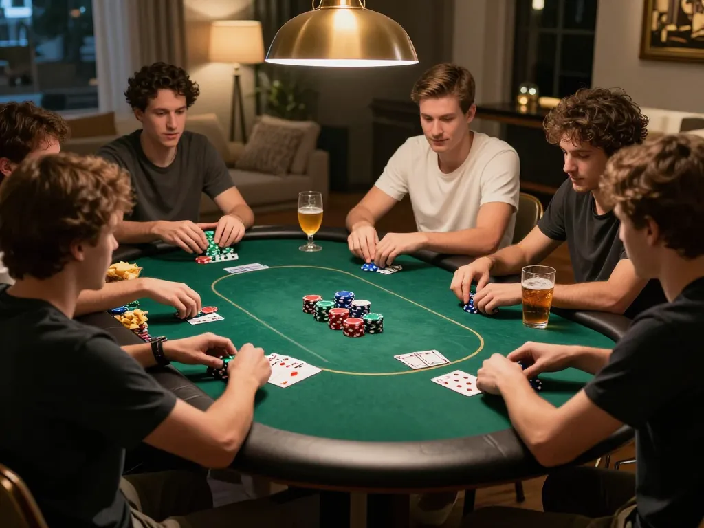 Engaged players link vào poker game, chips stacked on table in cozy home setting.