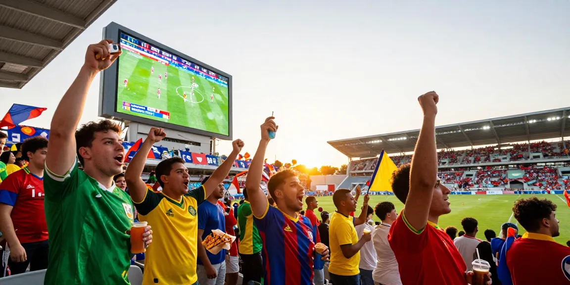 World Cup 2026 fans cheering in stadium, vibrant atmosphere with colorful jerseys.